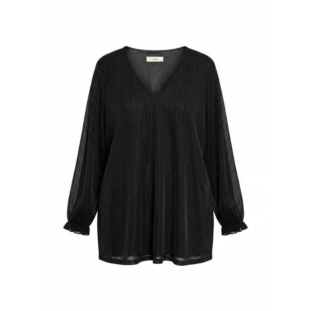 Agnes Orinda Womens 1X Black Metallic Glitter Pleated V-Neck Blouse Ruffle‎ Cuff